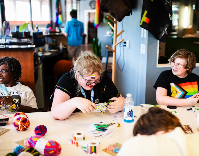 Focus during Craft Night at Clock Inc. LGBT+ Community Center in Rock Island with Free Mom Hugs