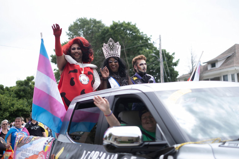 Drag title-holders in the Iowa City Pride Parade June 15