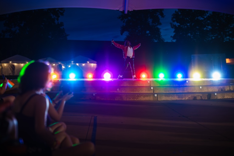 Izzy A Mess, Michael Jackson impersonator, on stage at Pride Party at Bass Street Landing June 15.