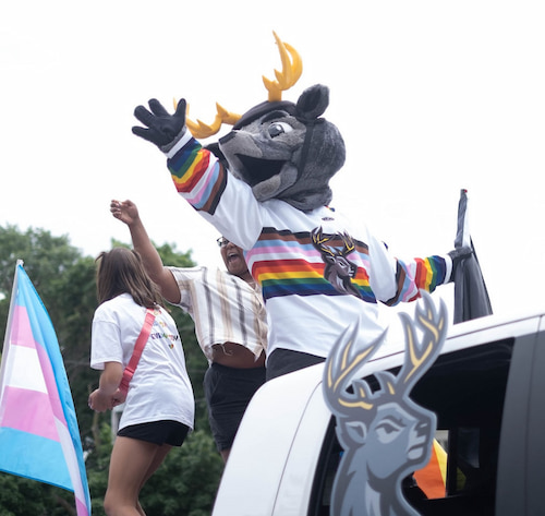 hockey mascot at Iowa City Pride Parade 500x473 1